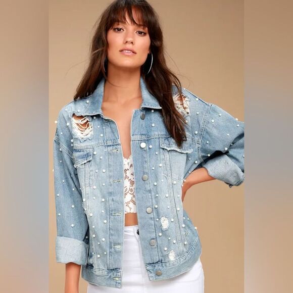 Free People Sunday Funday Blue Oversized Pearl Denim Jacket Distressed Slouchy - Picture 1 of 10